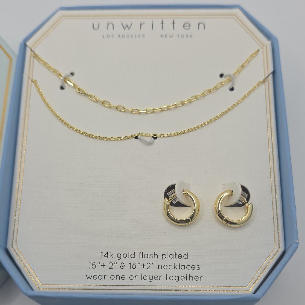 Unwritten 14k Gold Plated Layered Necklace & Hoop Earrings Jewelry Set